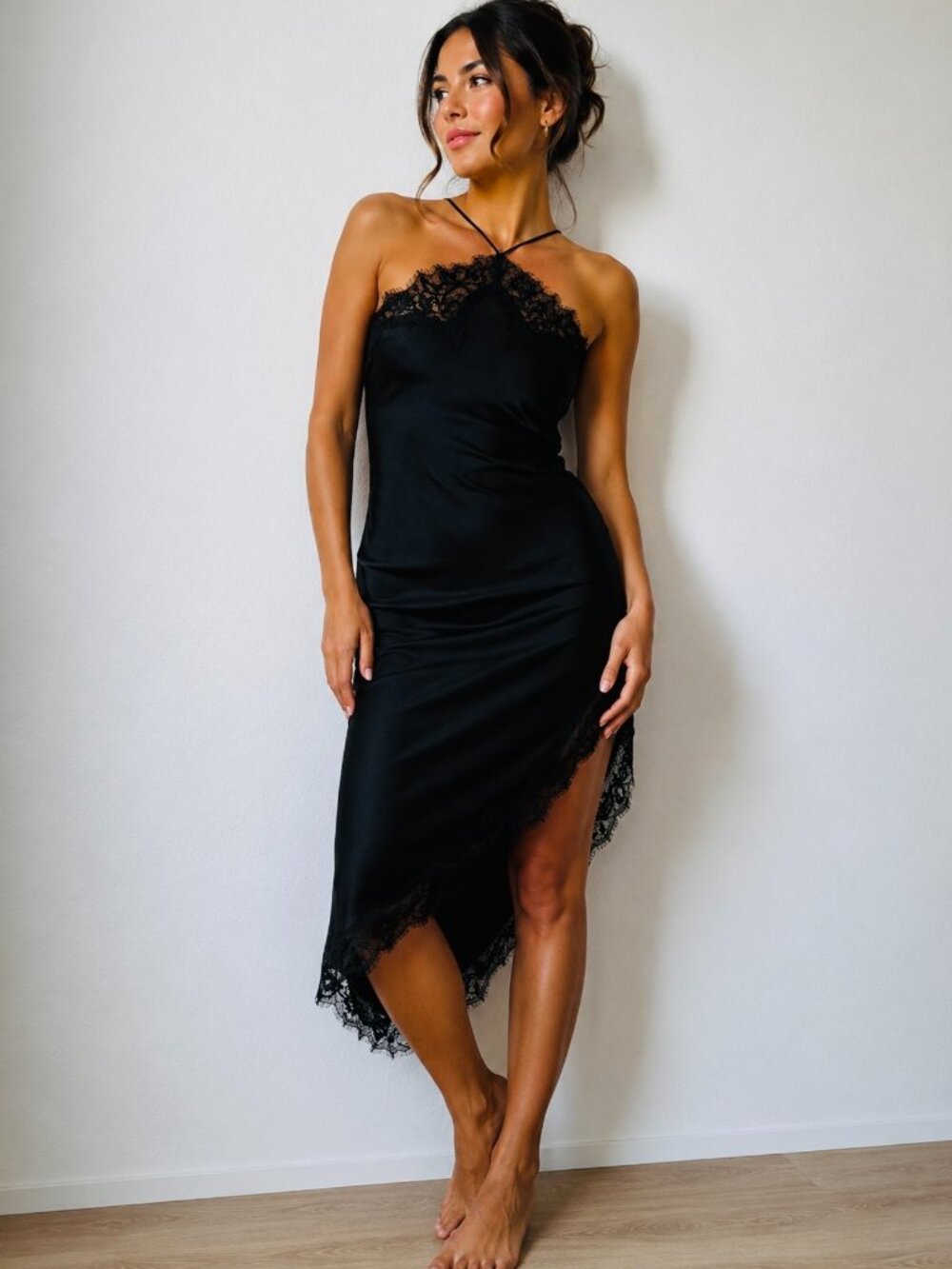 Zara New Women Halter Asymmetric Satin Lace Dress in black